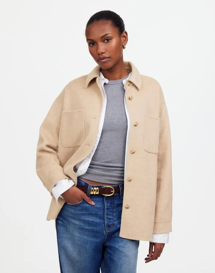 Women Coats Jackets Madewell DoubleFaced Long ShirtJacket Maple Oatmeal Melange