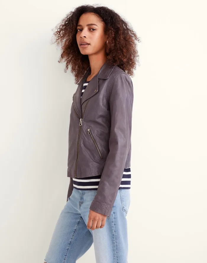 Women Coats Jackets Madewell Washed Leather Motorcycle Jacket Brass Hardware Edition Sunfaded Indigo