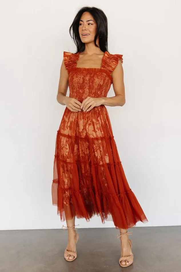Women Cora Smocked Tulle Dress Rust Floral Baltic Born Midi Dresses