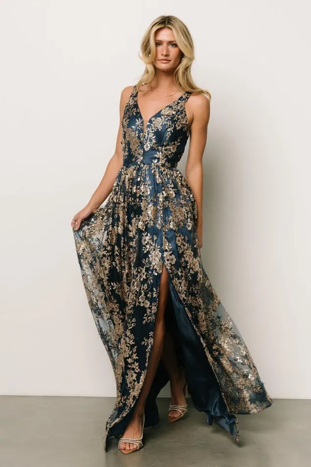 Women Cosette Sequin Shimmer Gown Navy Gold Baltic Born Tulle Styles