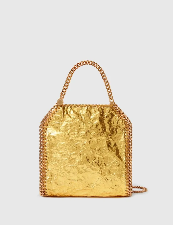 Women Crinkled Metallic Falabella Mini Tote Bag Gold Stella McCartney Crossbody Bags