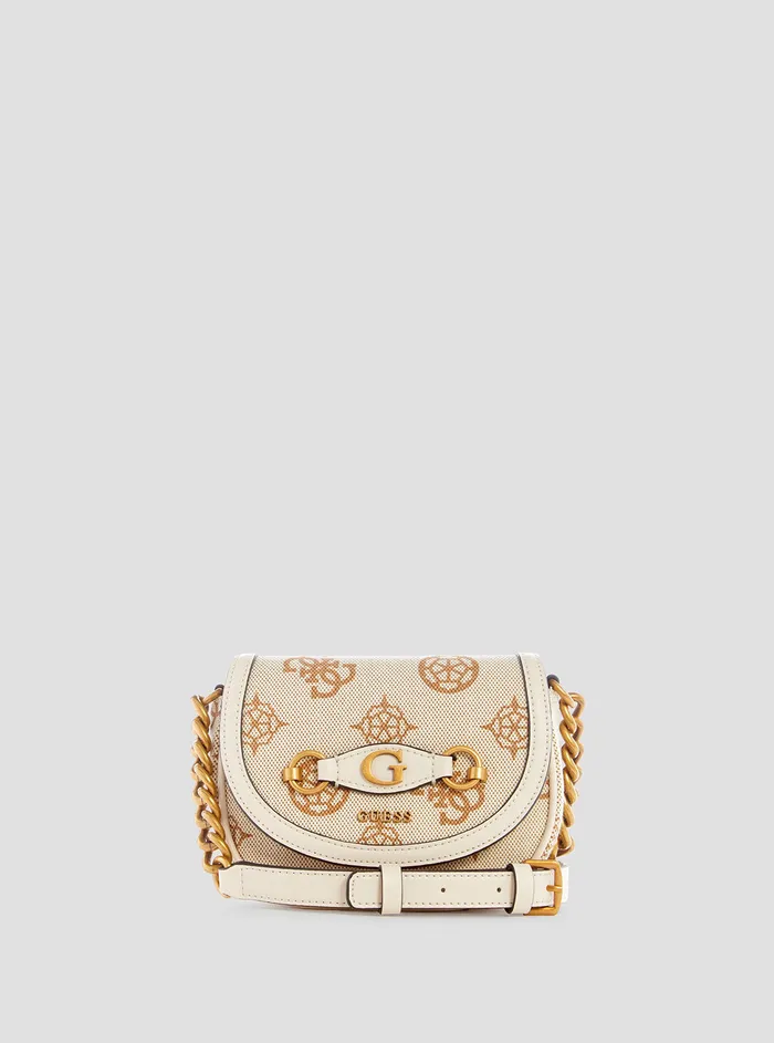 Women Crossbody GUESS Beige Logo Izzy Mini Crossbody Bag