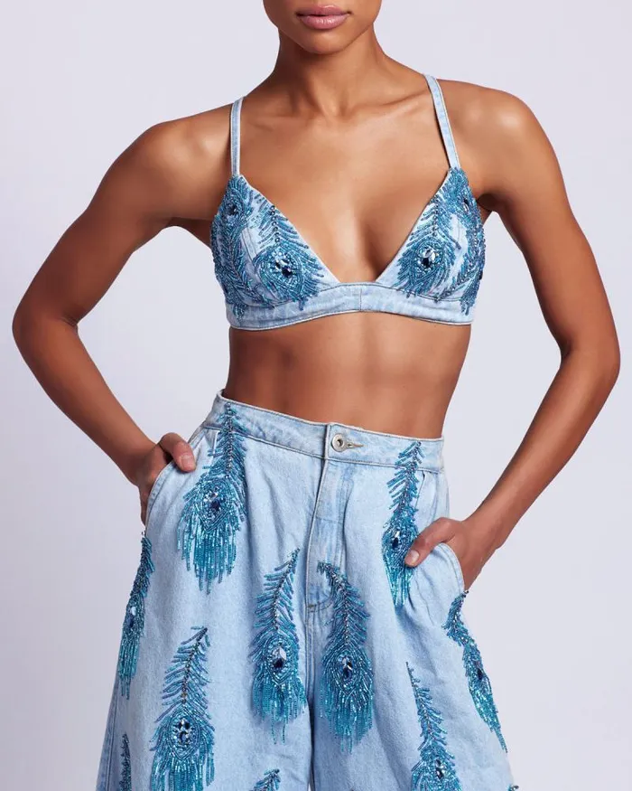 Women Denim PatBO HandBeaded Denim Bralette FINAL SALE Denim
