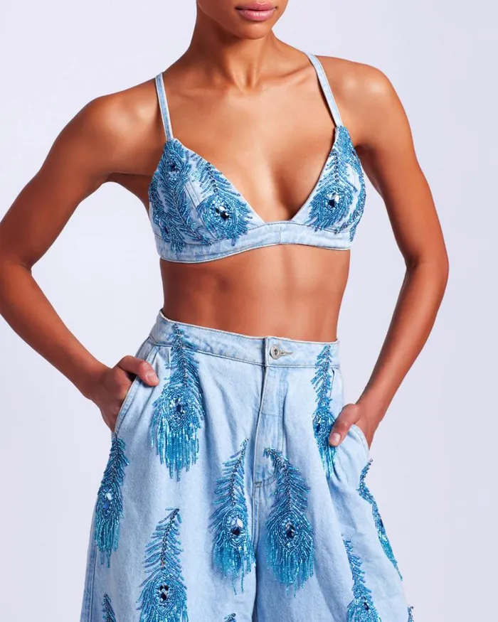 Women Denim PatBO HandBeaded Denim Bralette FINAL SALE Denim