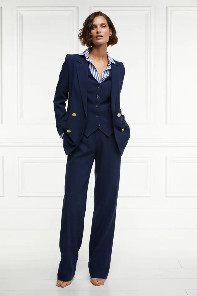 Women Double Breasted Blazer Navy Linen Holland Cooper Tailoring
