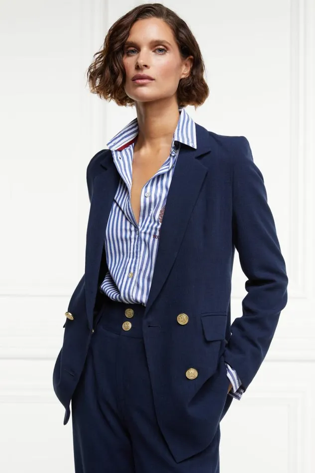 Women Double Breasted Blazer Navy Linen Holland Cooper Tailoring