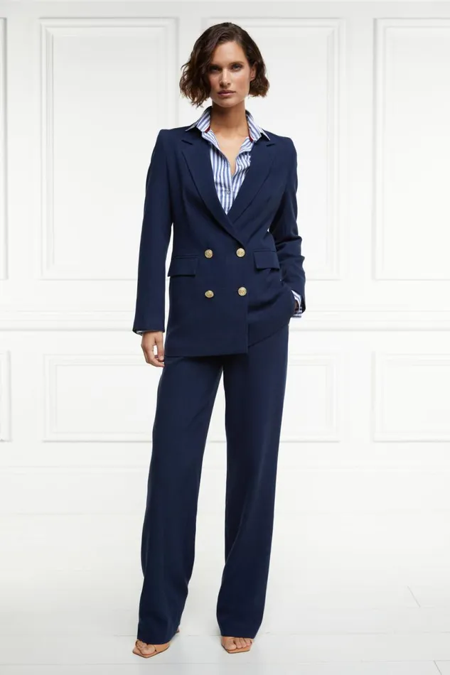 Women Double Breasted Blazer Navy Linen Holland Cooper Tailoring