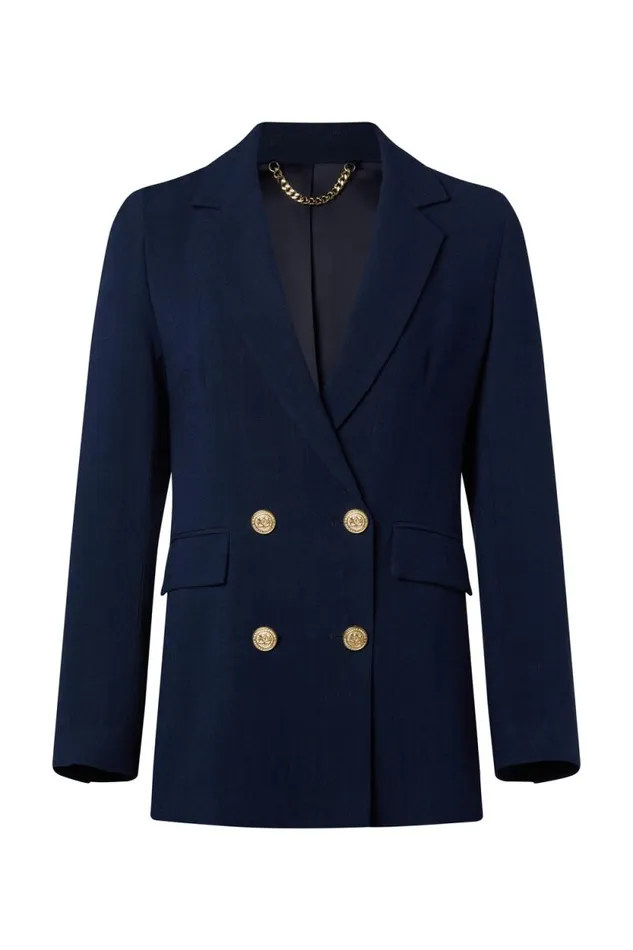 Women Double Breasted Blazer Navy Linen Holland Cooper Tailoring