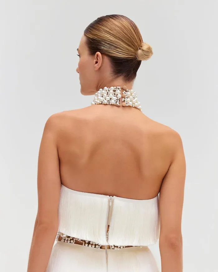Women Dresses and Jumpsuits PatBO PEARL AND FRINGE HALTERNECK MINI DRESS EXCLUSIVE White