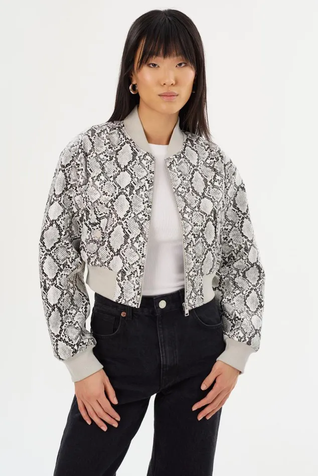 Women EVELIN Faux Leather Cropped Bomber Python Print LAMARQUE Leather Jackets