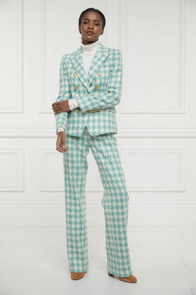 Women High Waisted Straight Trouser Large Scale Teal Houndstooth Holland Cooper Tailoring Women High Waisted Straight Trouser Large Scale Teal Houndstooth Holland Cooper Tailoring