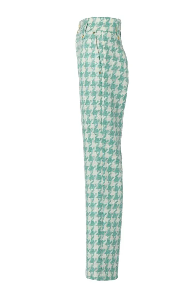 Women High Waisted Straight Trouser Large Scale Teal Houndstooth Holland Cooper Tailoring Women High Waisted Straight Trouser Large Scale Teal Houndstooth Holland Cooper Tailoring