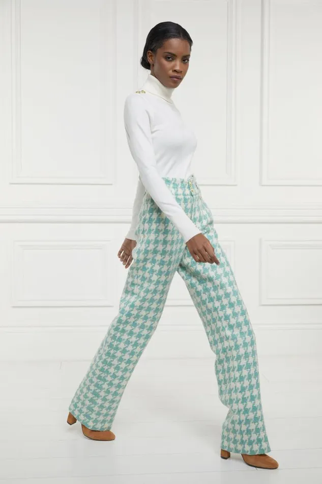 Women High Waisted Straight Trouser Large Scale Teal Houndstooth Holland Cooper Tailoring Women High Waisted Straight Trouser Large Scale Teal Houndstooth Holland Cooper Tailoring