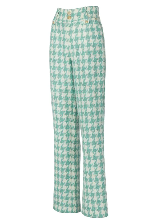 Women High Waisted Straight Trouser Large Scale Teal Houndstooth Holland Cooper Tailoring Women High Waisted Straight Trouser Large Scale Teal Houndstooth Holland Cooper Tailoring