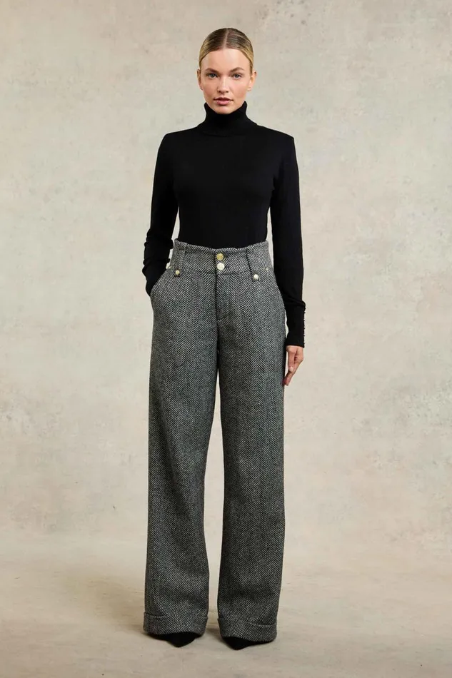 Women High Waisted Wide Leg Trouser Wide Tooth Black Herringbone Holland Cooper Tailoring