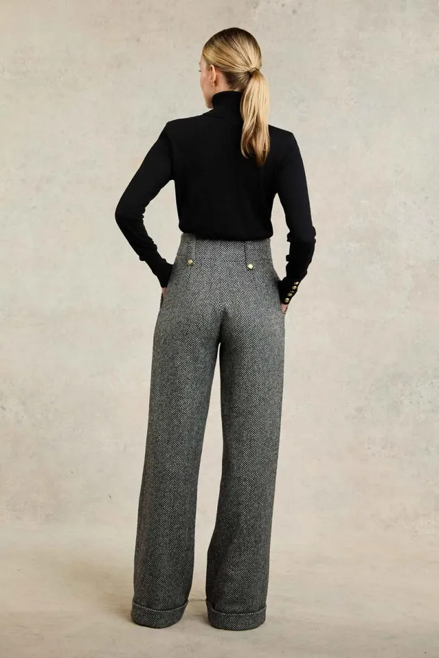 Women High Waisted Wide Leg Trouser Wide Tooth Black Herringbone Holland Cooper Tailoring Women High Waisted Wide Leg Trouser Wide Tooth Black Herringbone Holland Cooper Tailoring