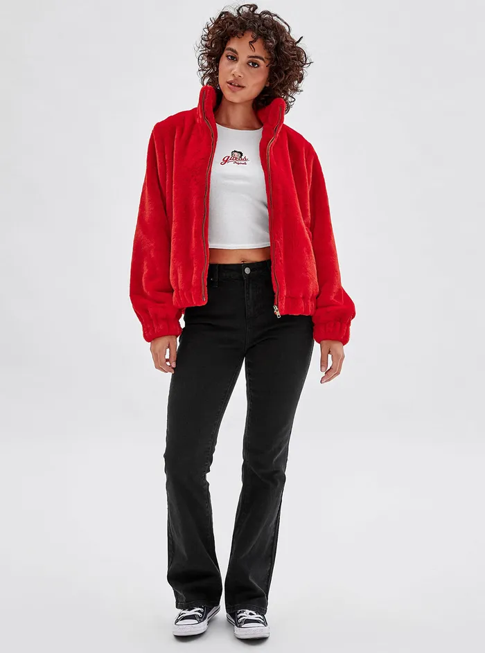 Women Jackets and Coats GUESS Guess Originals X Betty Boop Red Faux Fur Jacket Women Jackets and Coats GUESS Guess Originals X Betty Boop Red Faux Fur Jacket