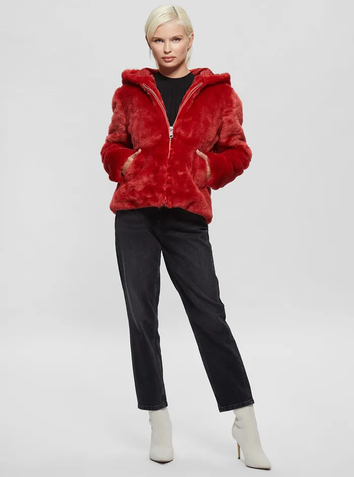 Women Jackets and Coats GUESS Red Dalila Faux Fur Jacket Women Jackets and Coats GUESS Red Dalila Faux Fur Jacket