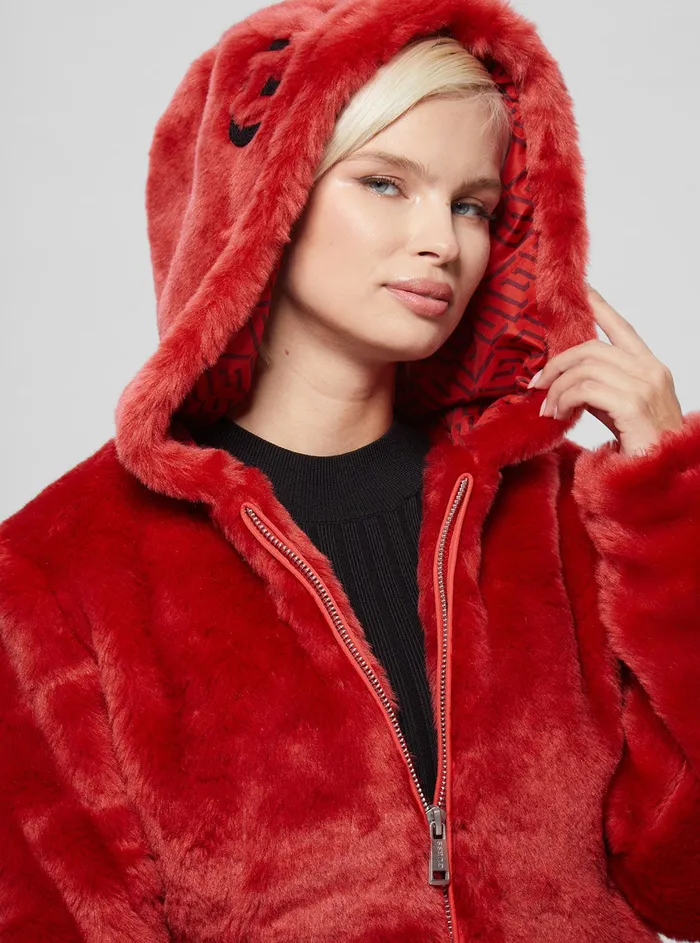 Women Jackets and Coats GUESS Red Dalila Faux Fur Jacket Women Jackets and Coats GUESS Red Dalila Faux Fur Jacket