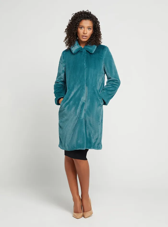 Women Jackets and Coats GUESS Teal Faux Fur Simonne Coat Women Jackets and Coats GUESS Teal Faux Fur Simonne Coat