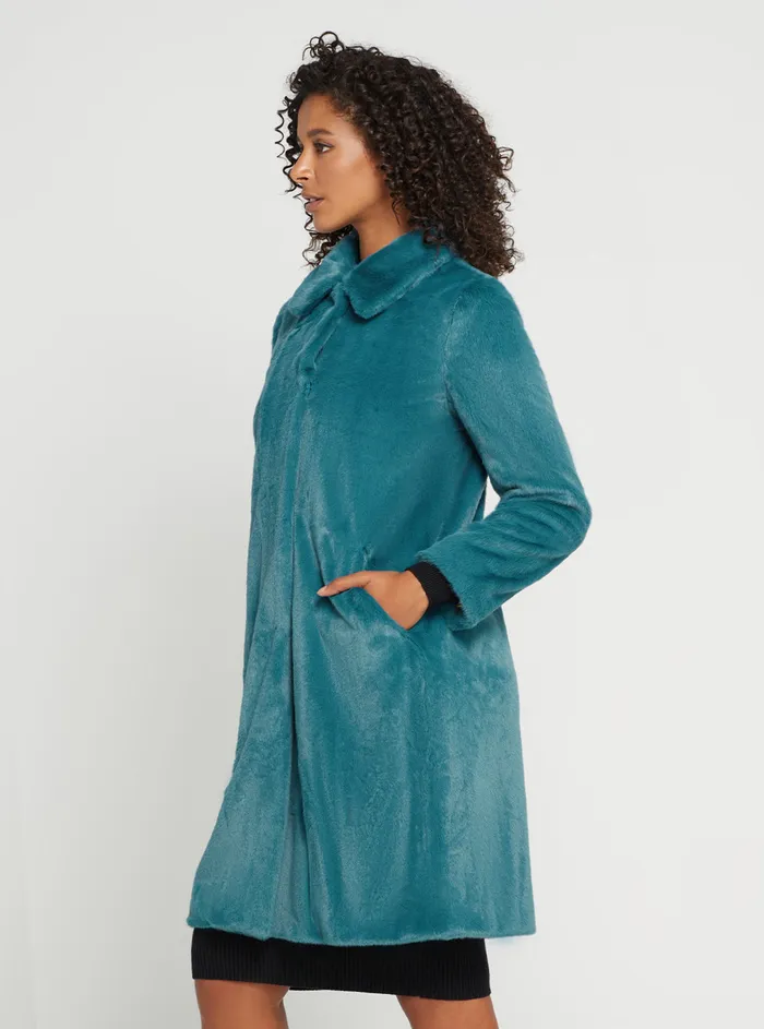 Women Jackets and Coats GUESS Teal Faux Fur Simonne Coat Women Jackets and Coats GUESS Teal Faux Fur Simonne Coat