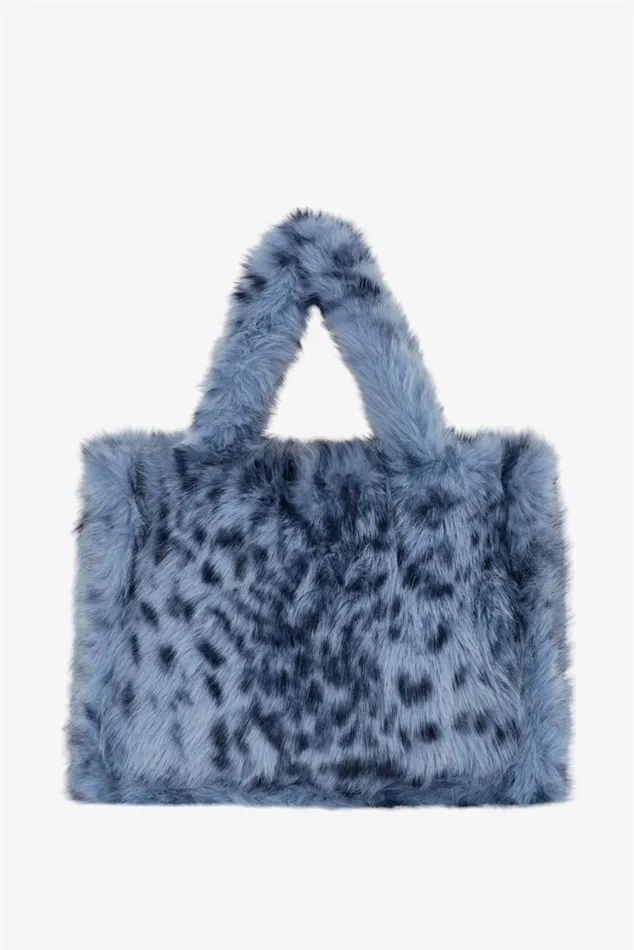 Women JADE LEO Faux Fur Tote Bag Blue Leopard LAMARQUE Bags