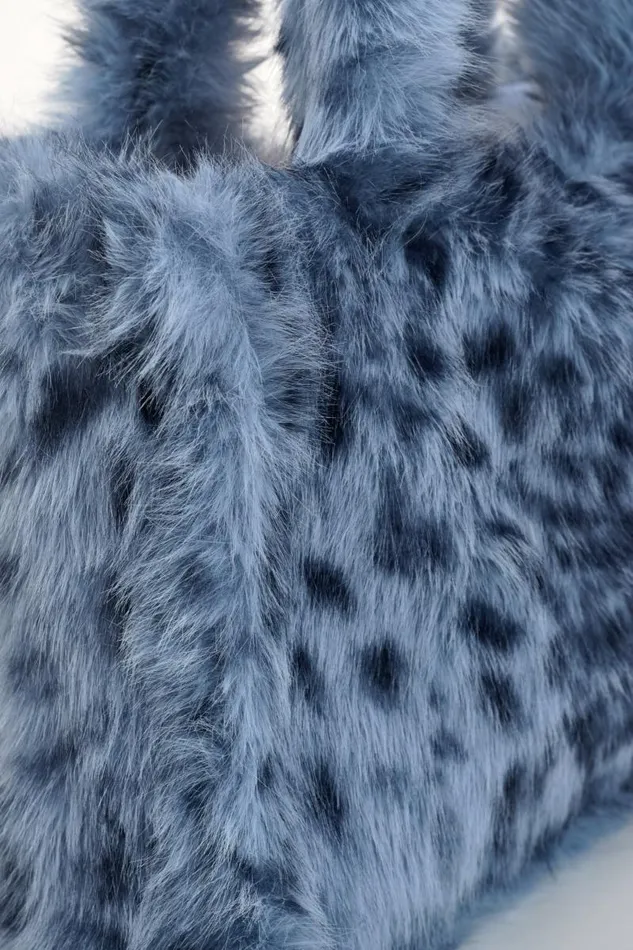 Women JADE LEO Faux Fur Tote Bag Blue Leopard LAMARQUE Bags Women JADE LEO Faux Fur Tote Bag Blue Leopard LAMARQUE Bags