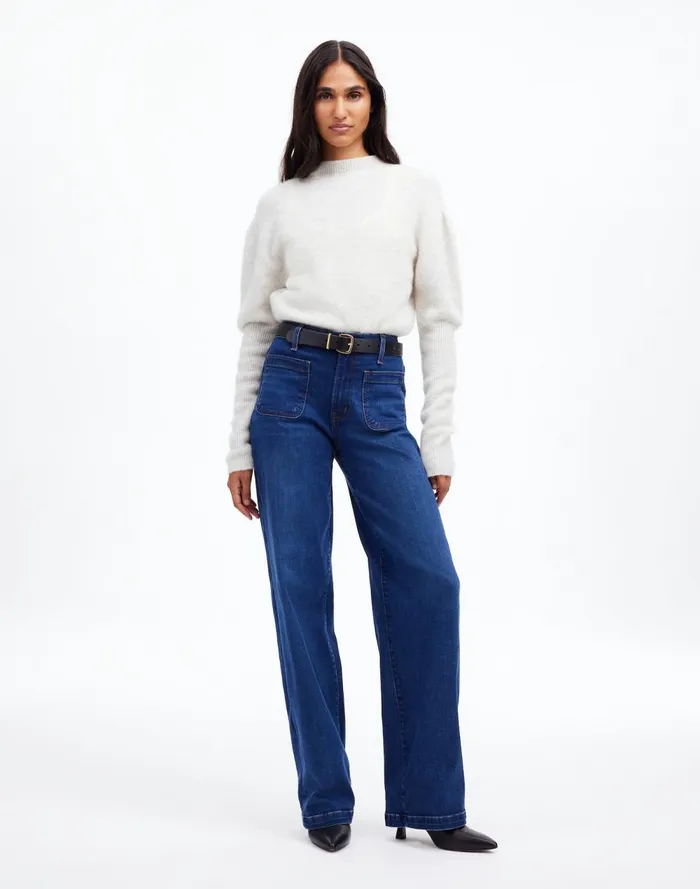 Women Jeans Madewell The Emmett WideLeg Full Length Jean Patch Pocket Edition Allentown Wash