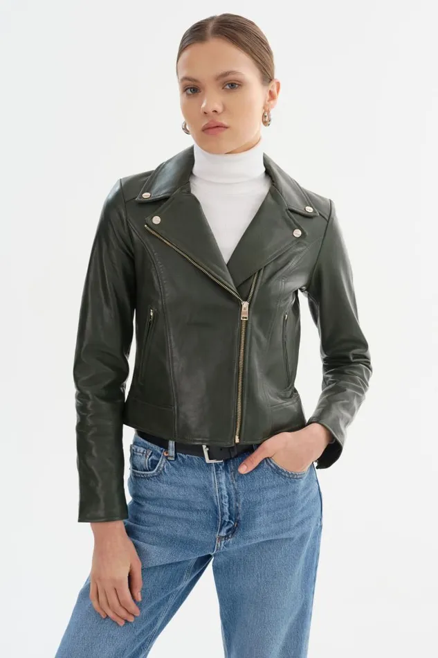 Women KELSEY Biker Leather Jacket Champagne Hardware Dark Olive LAMARQUE Leather Jackets