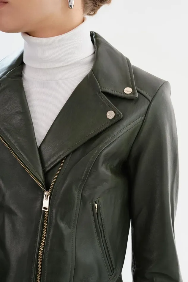 Women KELSEY Biker Leather Jacket Champagne Hardware Dark Olive LAMARQUE Leather Jackets