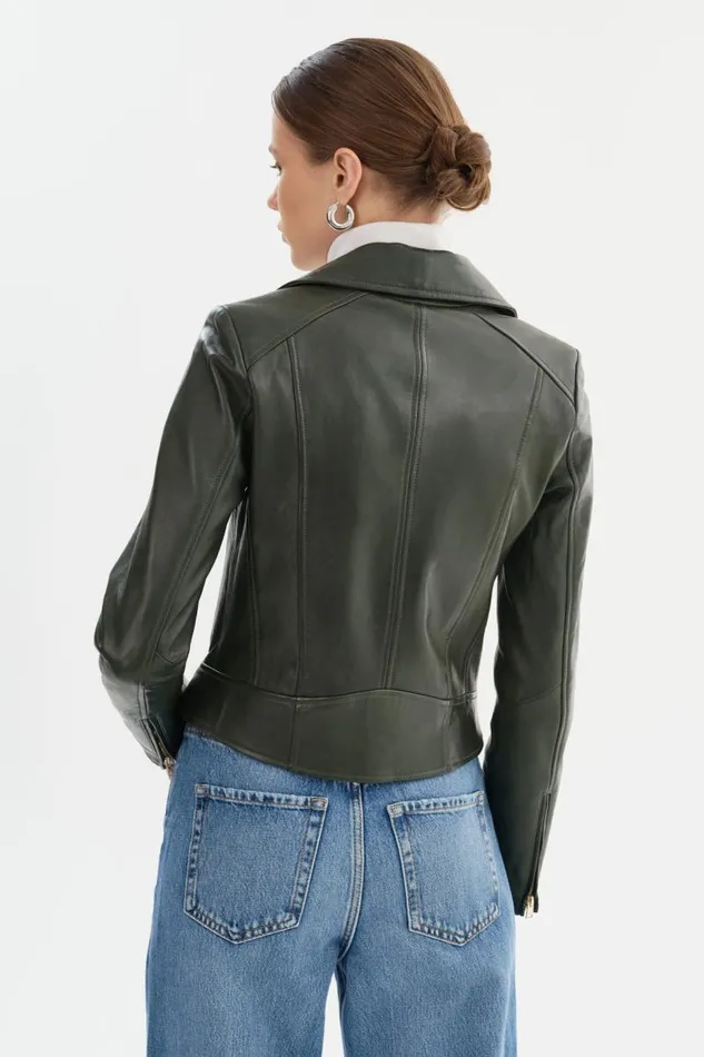 Women KELSEY Biker Leather Jacket Champagne Hardware Dark Olive LAMARQUE Leather Jackets