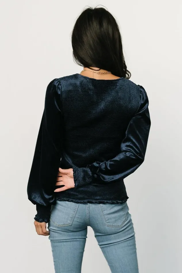 Women Kyler Smocked Velvet Top Navy Baltic Born Blouses and Shirts Women Kyler Smocked Velvet Top Navy Baltic Born Blouses and Shirts