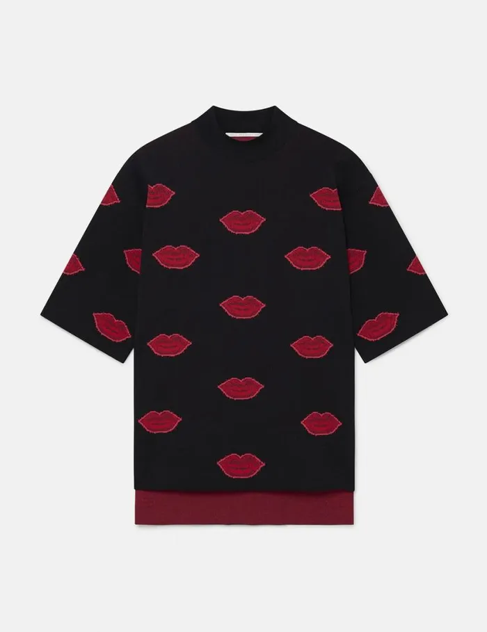 Women Lips Graphic Knit HighNeck Top Black And Red Stella McCartney Knitwear