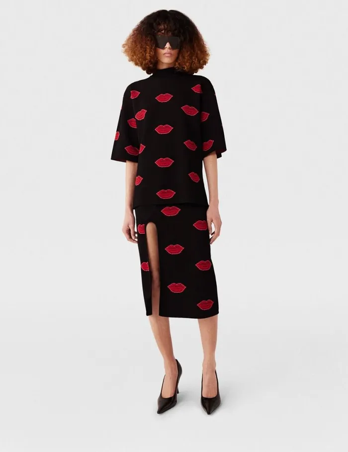 Women Lips Graphic Knit HighNeck Top Black And Red Stella McCartney Knitwear Women Lips Graphic Knit HighNeck Top Black And Red Stella McCartney Knitwear