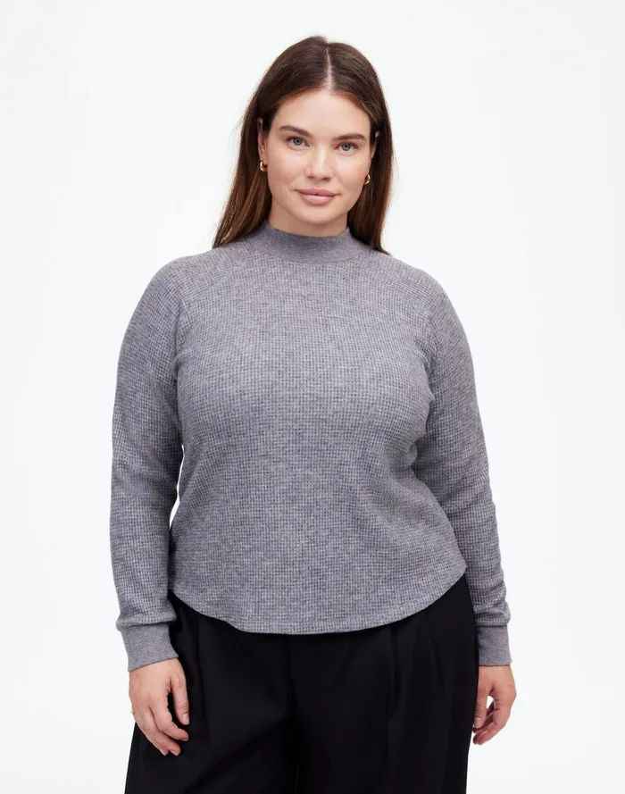 Women Loungewear Madewell Plus WaffleKnit LongSleeve Crewneck Tee Hthr Charcoal