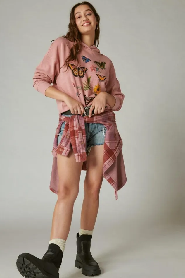Women Lucky Brand Activewear Butterfly Floral Motif Pullover Antler
