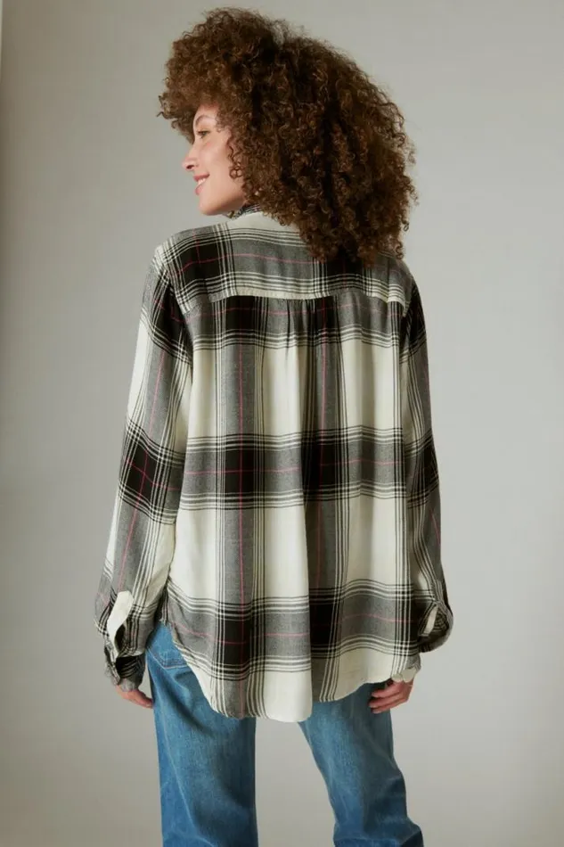 Women Lucky Brand All Tops Cloud Plaid Boyfriend Flannel Shirt Black Cream Plaid