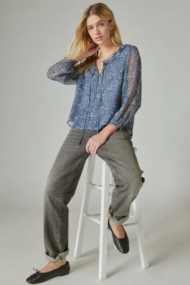 Women Lucky Brand All Tops Printed Chiffon Blouse Blue Multi