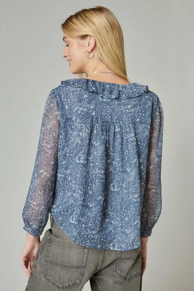 Women Lucky Brand All Tops Printed Chiffon Blouse Blue Multi