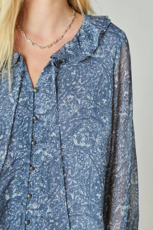 Women Lucky Brand All Tops Printed Chiffon Blouse Blue Multi
