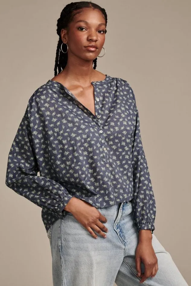 Women Lucky Brand All Tops Printed Smocked Detail Blouse Navy Multi