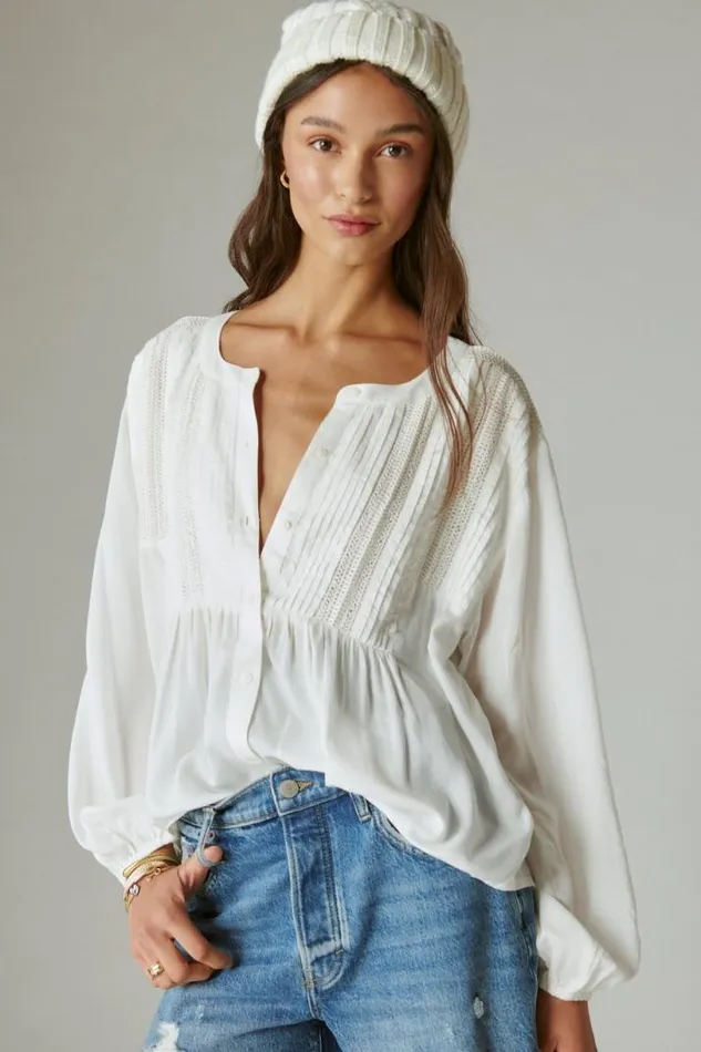 Women Lucky Brand All Tops Textured Pintuck Blouse Whisper White