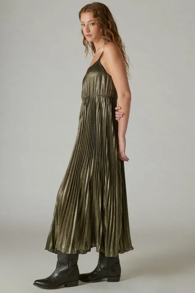 Women Lucky Brand Dresses Pleated Party Midi Dress Gold