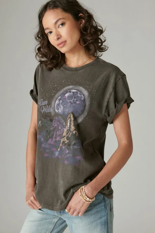 Women Lucky Brand Graphic Tees Run Wild Boyfriend Tee After Dark