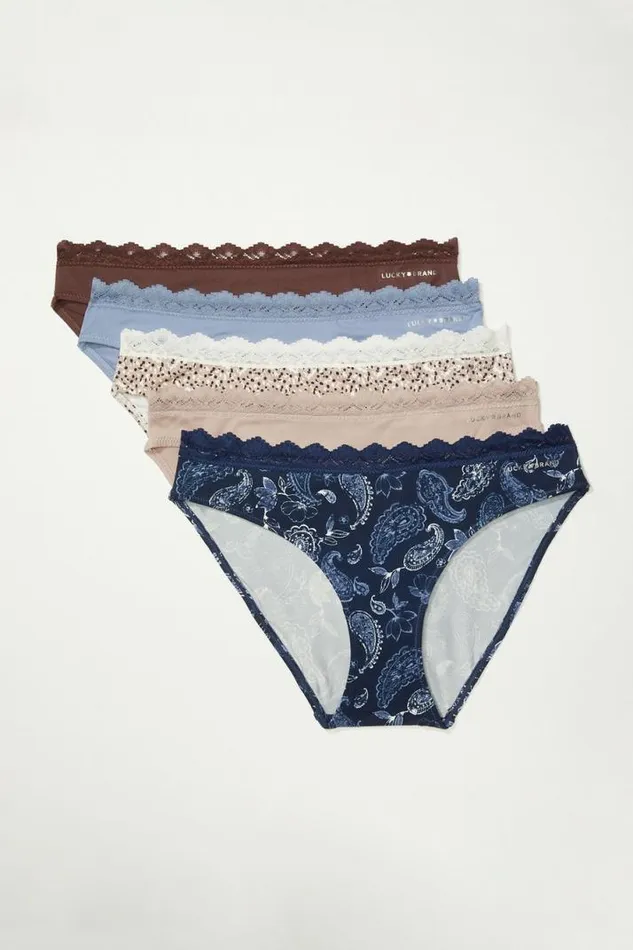 Women Lucky Brand Intimates and Sleepwear Pretty Paisley Lace Bikini 5 Pk Dark Blue