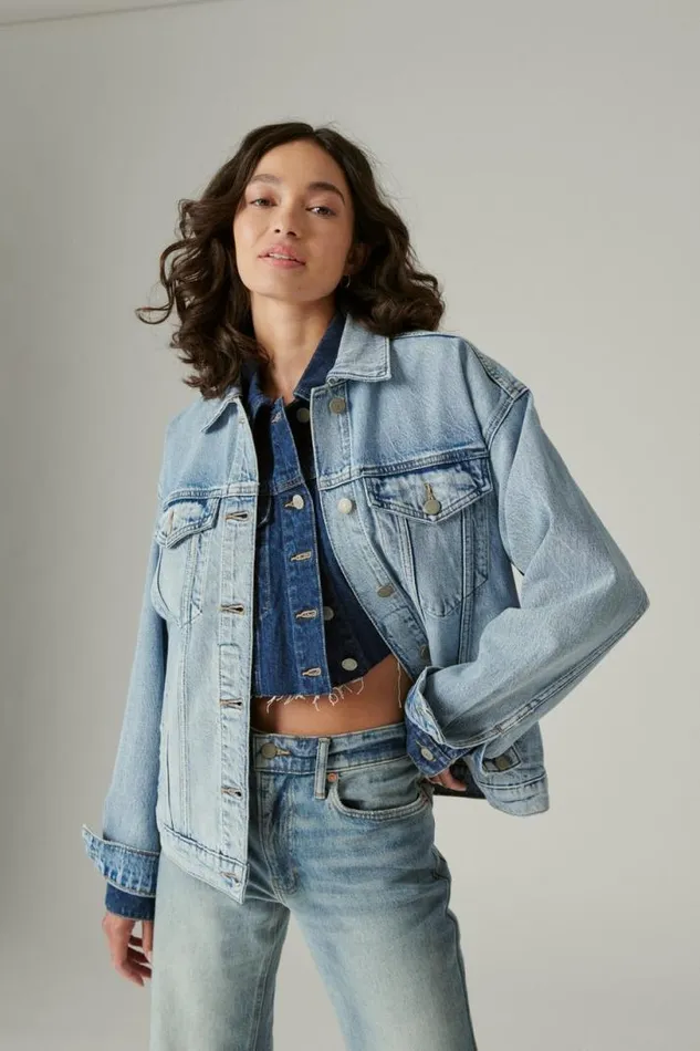 Women Lucky Brand Jackets and Outerwear Relaxed Denim Trucker Jacket Ripple