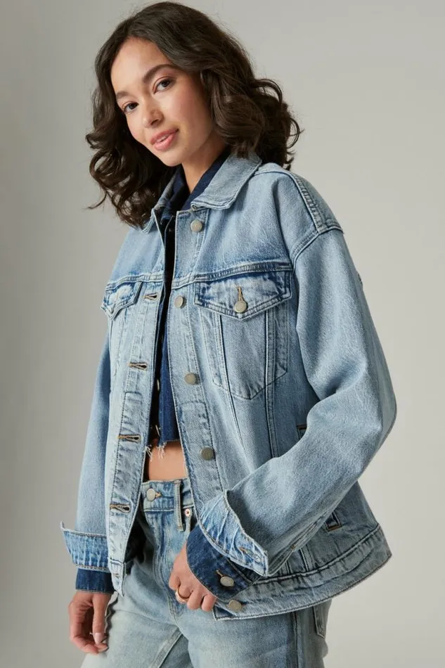Women Lucky Brand Jackets and Outerwear Relaxed Denim Trucker Jacket Ripple