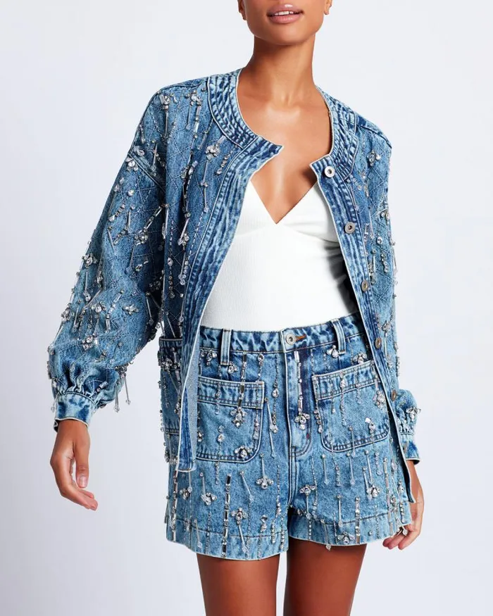 Women Matching Sets PatBO Rhinestone Beaded Jacket FINAL SALE Denim