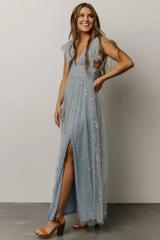 Women Nova Shimmer Maxi Dress Dusty Blue Silver Baltic Born Embellished and Sequined