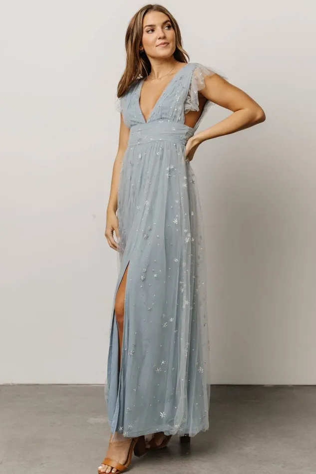 Women Nova Shimmer Maxi Dress Dusty Blue Silver Baltic Born Embellished and Sequined Women Nova Shimmer Maxi Dress Dusty Blue Silver Baltic Born Embellished and Sequined